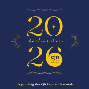 A New Year's card with a navy background. It says '2026 Best Wishes'. It has yellow decorative elements, and the circle of the 6 is the CJD Support Network logo. At the base of the card it says 'Supporting the CJD Support Network'.