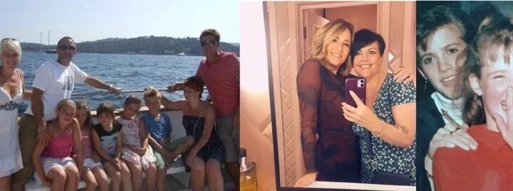 Three photos. The first shows a group of adults and children on a bright sunny day by a lake, Everyone looks happy to be there. Next, two women embrace whilst taking a selfie in a mirror. One is blond and one is brunette. They are leaning towards each other with big smiles. Finally, two teenagers, the same two women but at a younger age, laugh into the camera. One is covering her mouth whilst laughing. They look delighted to be together.