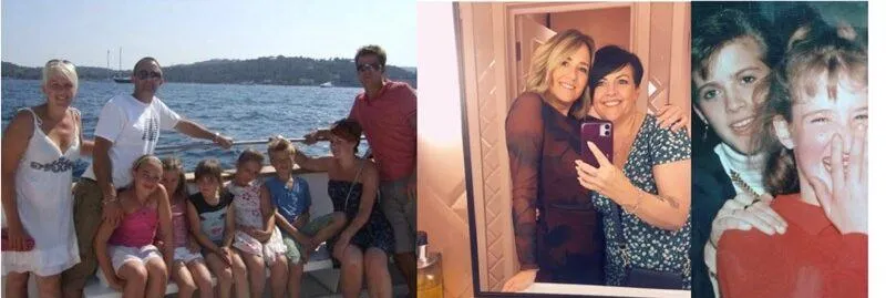 Three photos. The first shows a group of adults and children on a bright sunny day by a lake, Everyone looks happy to be there. Next, two women embrace whilst taking a selfie in a mirror. One is blond and one is brunette. They are leaning towards each other with big smiles. Finally, two teenagers, the same two women but at a younger age, laugh into the camera. One is covering her mouth whilst laughing. They look delighted to be together.
